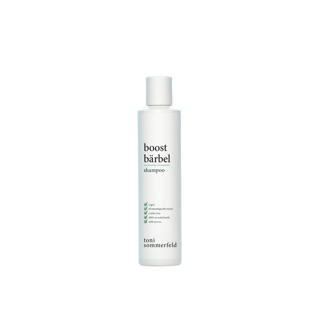 Weiße Shampooflasche der Marke „Boost Bärbel“ mit grünen Häkchen für vegane, dermatologisch getestete und recycelte Inhalte.