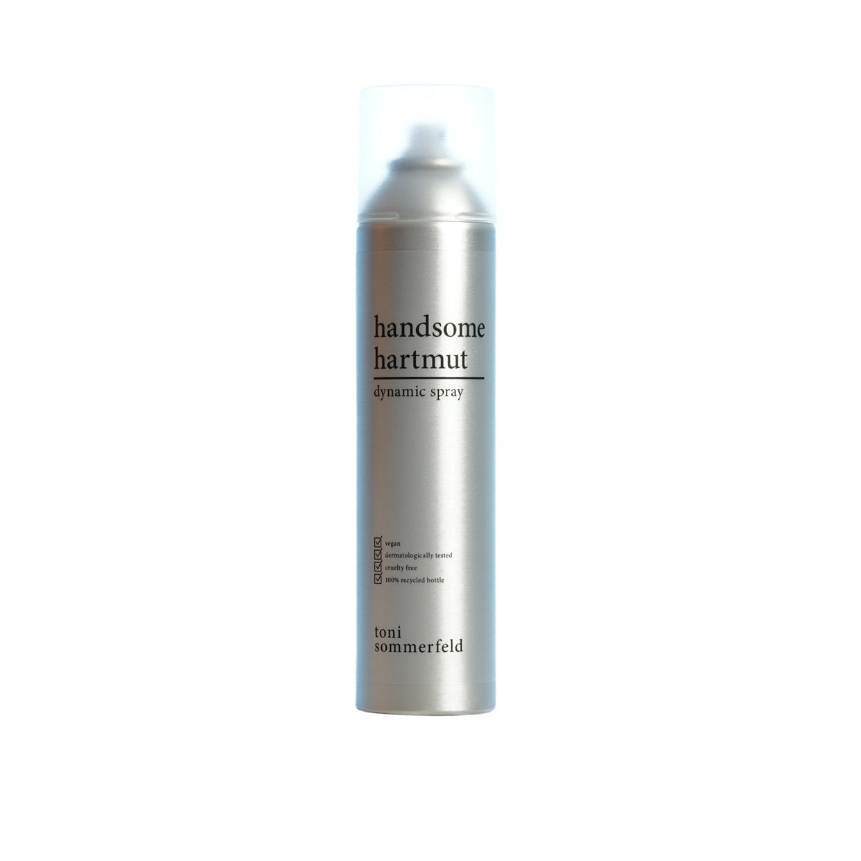 Silberne Spraydose mit dem Aufdruck „handsome hartmut dynamic spray“, vegan und dermatologisch getestet.
