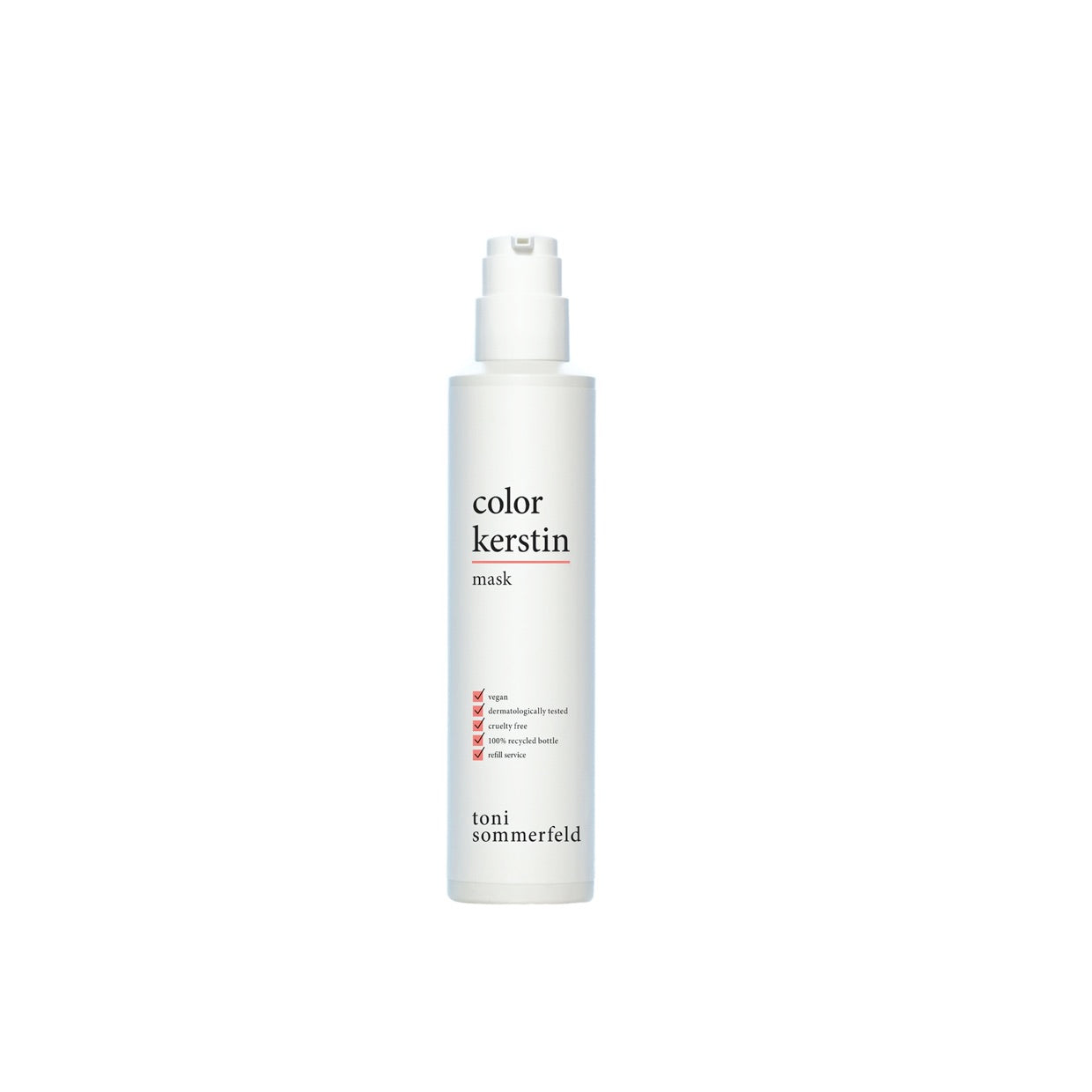 Weiße Flasche einer Haarmaske mit der Aufschrift "color kerstin" und Merkmalen wie vegan und dermatologisch getestet.