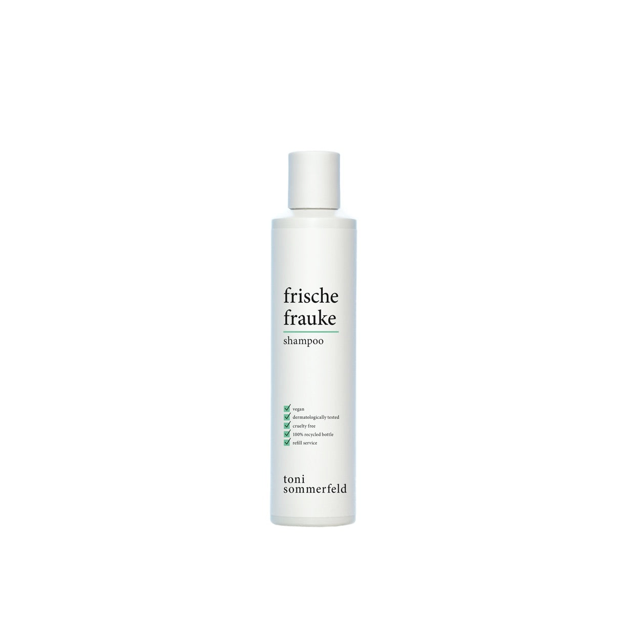 Eine weiße Flasche mit der Aufschrift "frische frauke shampoo" von toni sommerfeld.