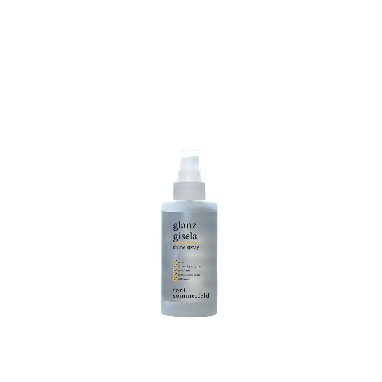 Sprühflasche mit der Aufschrift "glanz gisela shine spray" auf weißem Hintergrund.