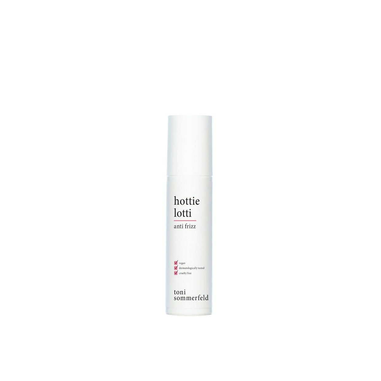 Weiße Flasche "hottie lotti anti frizz" von Toni Sommerfeld mit veganen, dermatologisch getesteten und tierversuchsfreien Hinweisen.