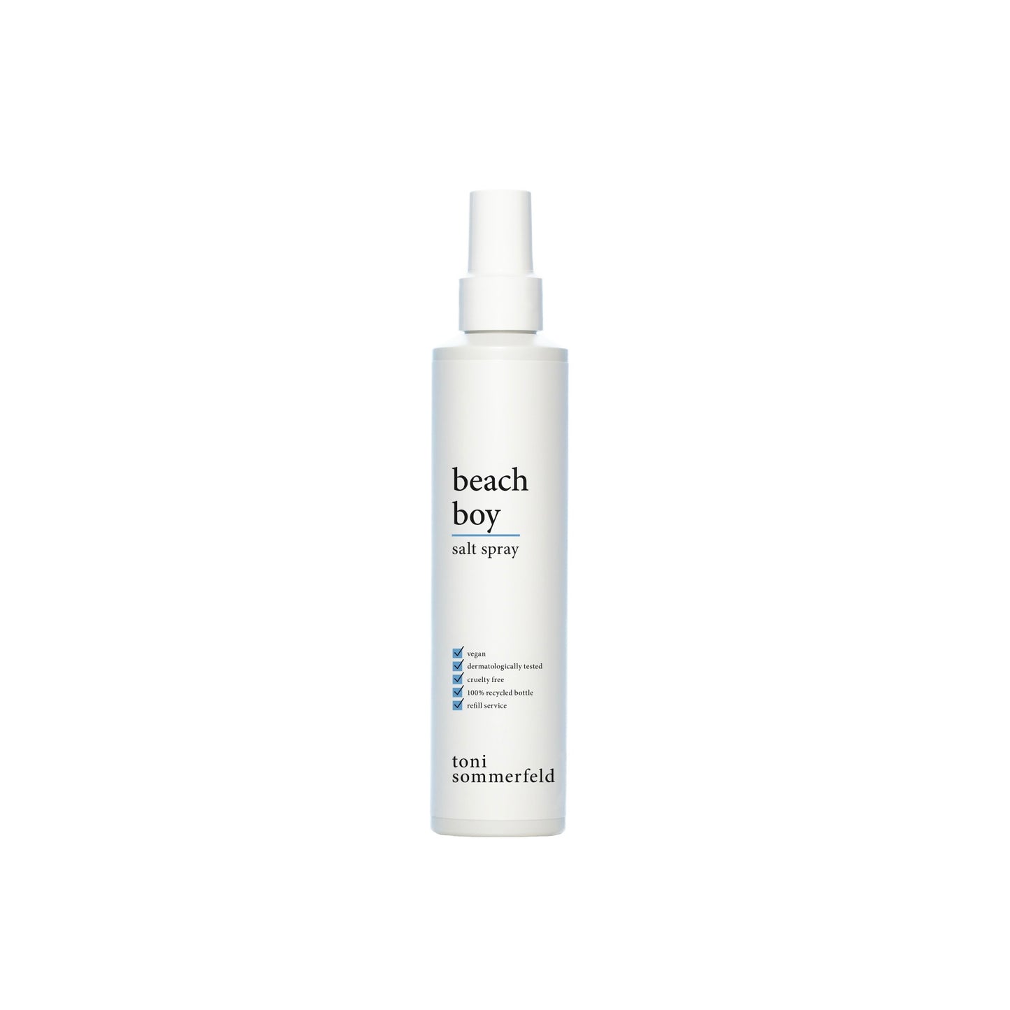 Weiße Sprühflasche mit der Aufschrift "beach boy salt spray" und Checkliste für vegane und dermatologisch getestete Eigenschaften.