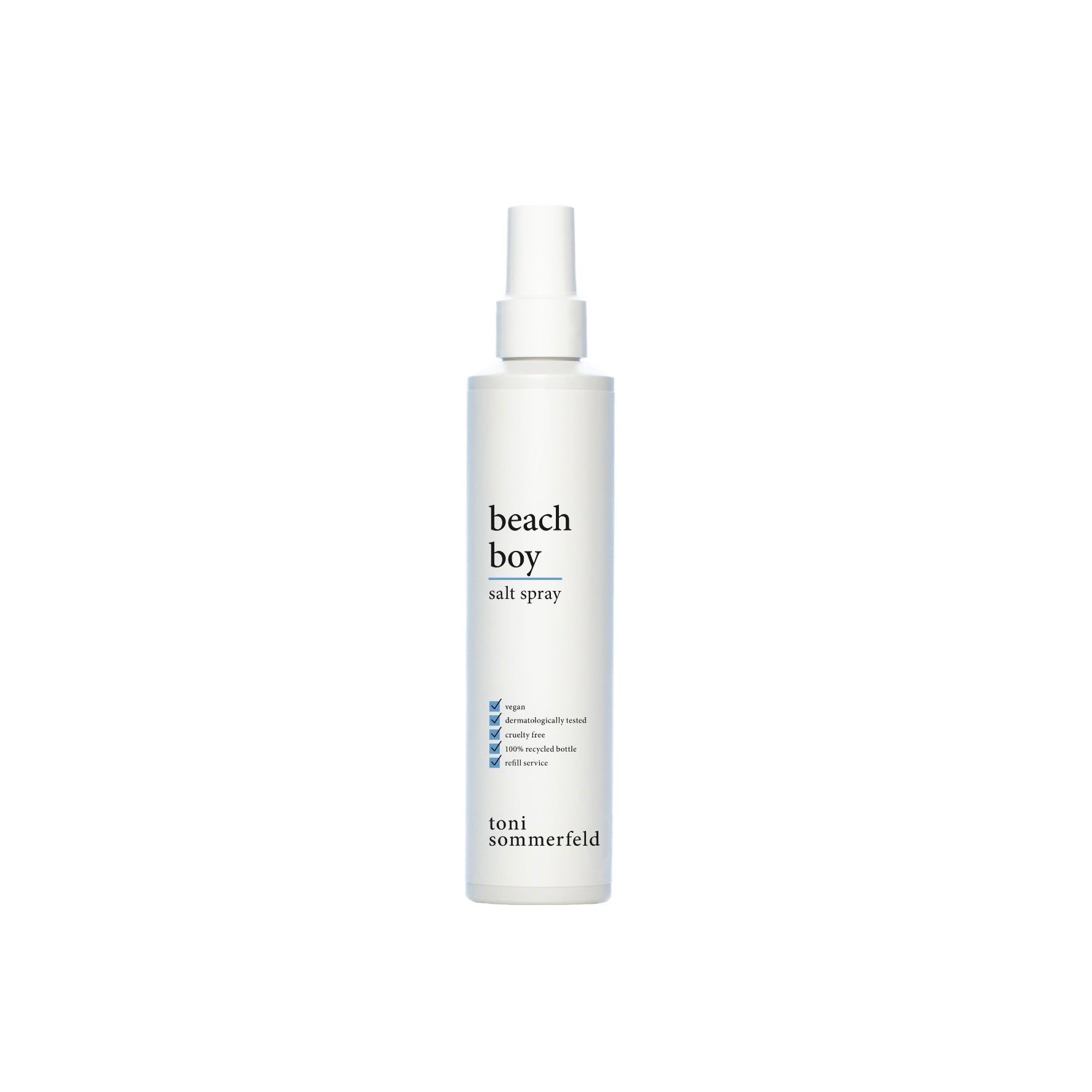 Weiße Sprühflasche mit der Aufschrift "beach boy salt spray" und Checkliste für vegane und dermatologisch getestete Eigenschaften.