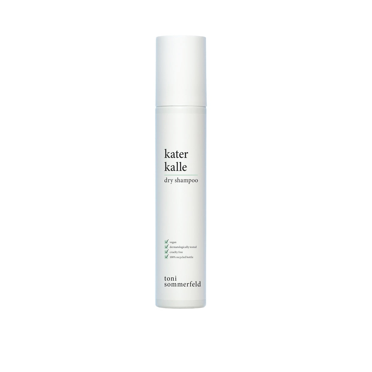 Weiße Spraydose mit der Aufschrift "kater kalle dry shampoo" von Toni Sommerfeld, vegan und dermatologisch getestet.