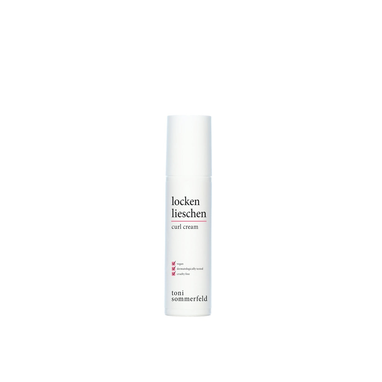 Weiße Flasche mit der Aufschrift "locken lieschen curl cream" von Toni Sommerfeld, vegan und tierversuchsfrei.